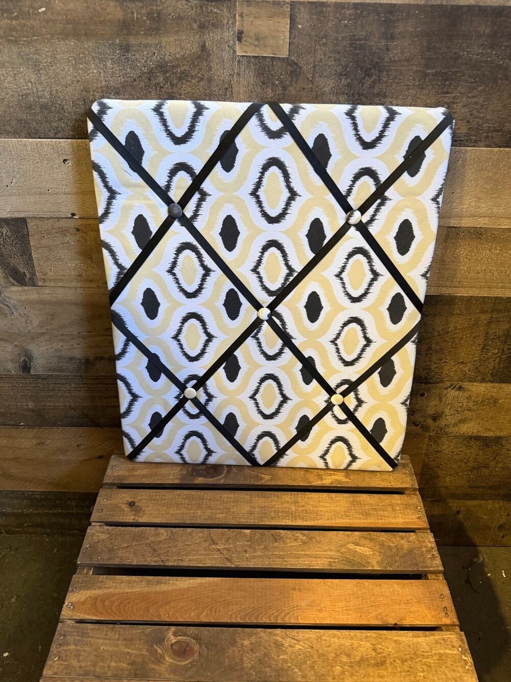 Fabric Tufted Memo Board Photo Bulletin Board - Ikat Pattern/ Black Ribbon 16x20